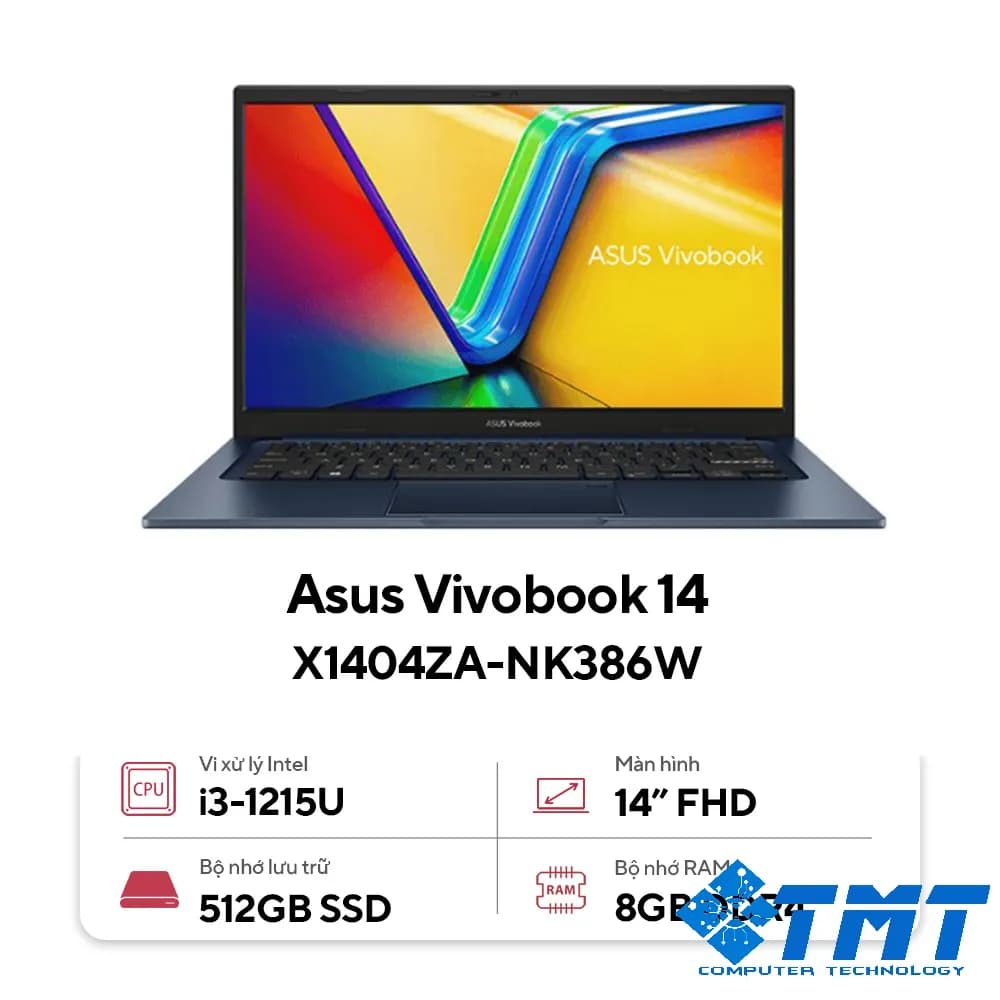Laptop Asus Vivobook X1404ZA - Quiet Blue- 14 FHD; Intel Core i3-1215U; 8GB DDR4 on; 512GB SSD + 2.5; WF6E + BT 5.3; Polyc; FG; 42WHrs, Win11H; 2Y( Pin:1Y) (X1404ZA-NK386W)